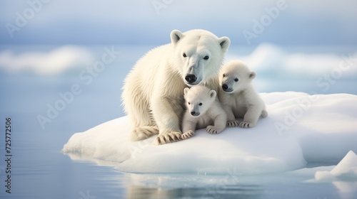 Capture heartwarming scenes of polar bear cubs at play amidst sunlit icebergs, emphasizing the fragile beauty of Arctic wildlife in their icy habitat
