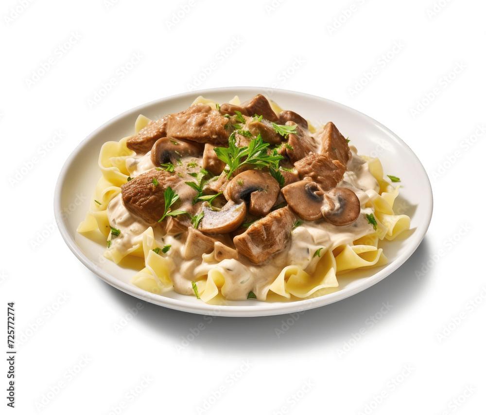 Plate of Beef Stroganoff Isolated on a White Background