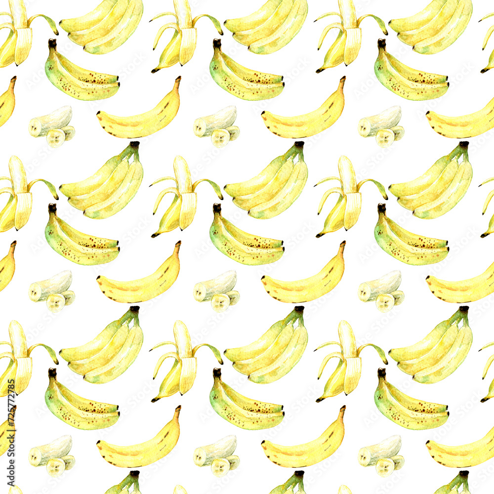 Seamless pattern with bananas, hand painted watercolor, summer tropical fruit, summer party, ripe banana, bananas bunch, 300 dpi 