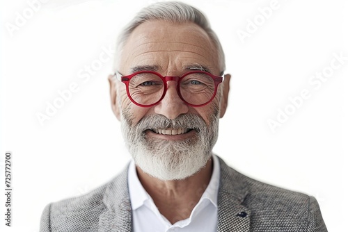 Vieille homme barbue dans un costume avec des lunettes rouges