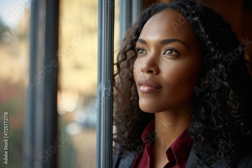 Entrepreneuse femme noir regardant par la fenêtre