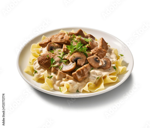 Plate of Beef Stroganoff Isolated on a White Background