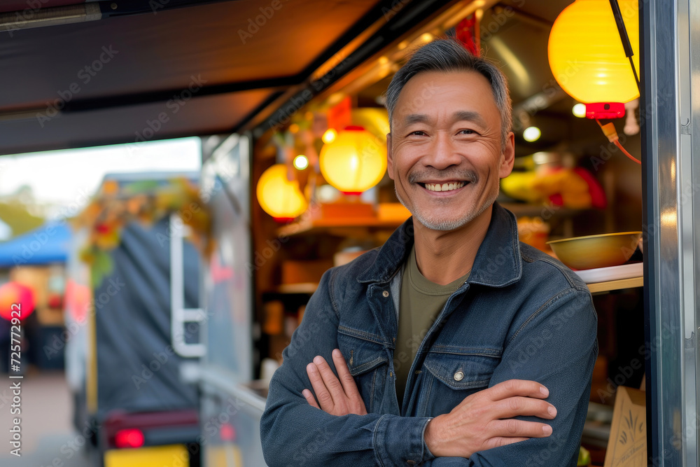 Happy Small Business Owner at Outdoor Food Stall Happy Small Business Owner at Outdoor Food Stall