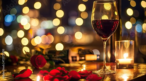 A glass of crimson wine  adorned with delicate petals  whispering sweet promises of a passionate evening.