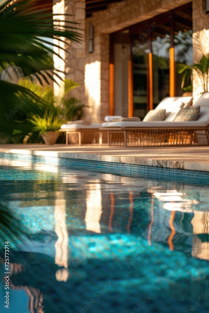 A serene swimming pool surrounded by lounge chairs and palm trees. Perfect for relaxation and tropical vacation themes