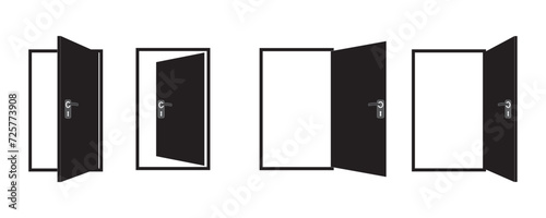 Door icons collection. Open, close and ajar door. office doors, Doors collection. Opened entrance door set flat style.