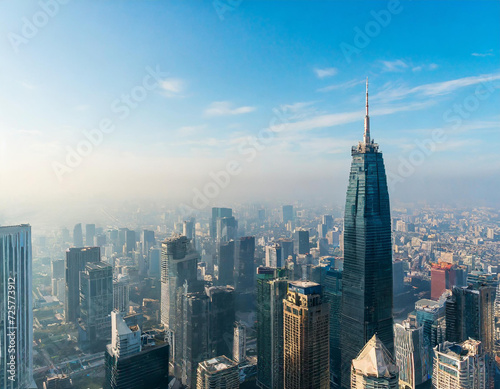 View from above of the city with skyscrapers, morning time © Reece