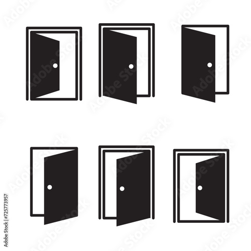 Door icons set. Open, close and ajar door. Doors collection. Doors pictogram isolated on white background. Stock vector element.