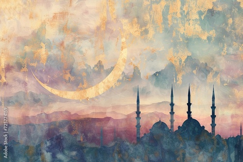a watercolor scene of Ramadan Art of a crescent moon