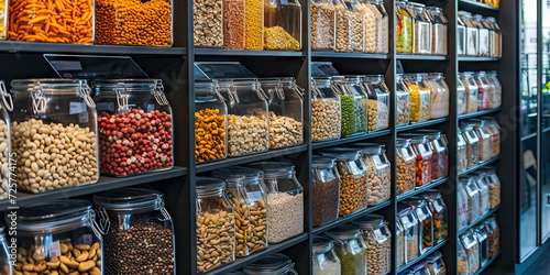 Bulk Foods Section: A Selection of Bulk Nuts, Grains, and Dried Fruits in a Grocery Store, Offering Economical and Sustainable Choices for Pantry Essentials