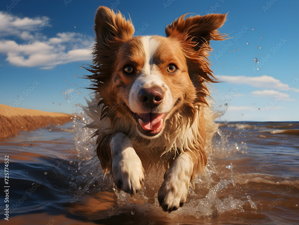 Dog is running on the beach with a tennis ball Dog is running on the beach with a tennis ball