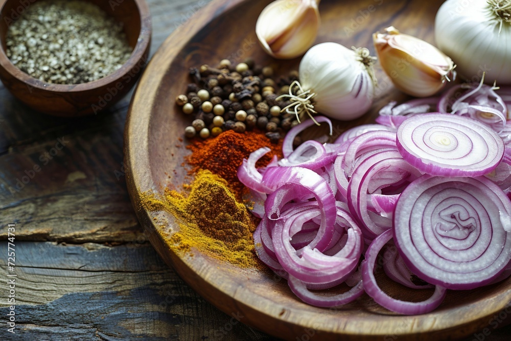 a plate of food with spices and onions