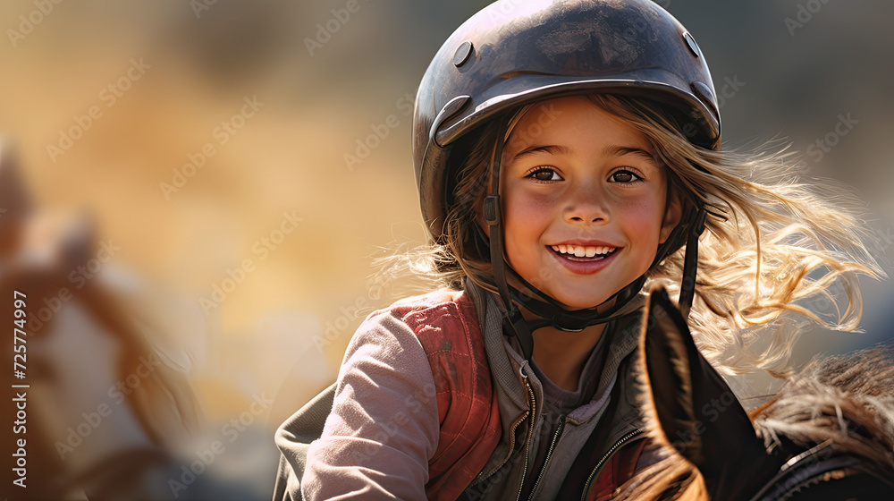 Happy young girl looking at the camera while riding a horse, wearing a horse riding helmet Happy young girl looking at the camera while riding a horse, wearing a horse riding helmet