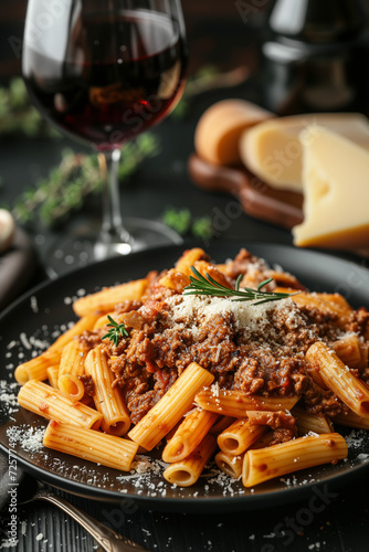 Styled, classic ragout bolognese with rigatone pasta, high end food photography - Generative AI photo
