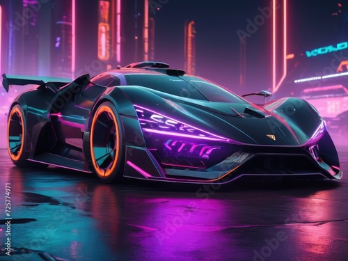 Cybernetic Odyssey: Futuristic Supercar Speeding in Neon Realm © bellart