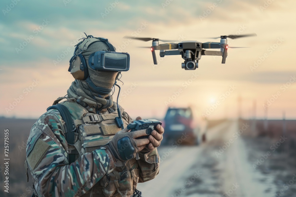 Fototapeta premium Modern Battlefield: FPV Goggles and Missile Drone