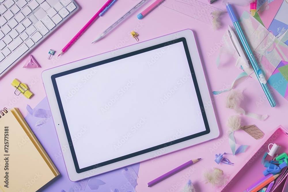 a tablet and various stationery on a pink surface a tablet and various stationery on a pink surface