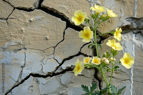 a yellow flowers growing on a cracked surface