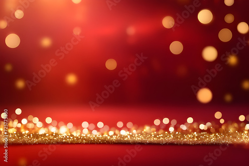 Red background with golden light effects. Horizontal background with bokeh blur effects for Christmas. photo platform AI platform
