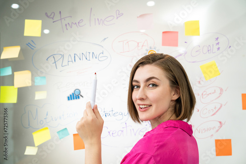 Young beautiful businesswoman putting sticker on glass board while finding a solution to solve financial problems by using mind map and colorful sticky note. Creative business concept. Immaculate.