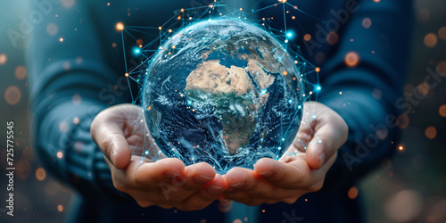 Concept of future global communication network, online connection, Hands hold glowing globe for world protection, Global network connection covering earth with link of innovative perception