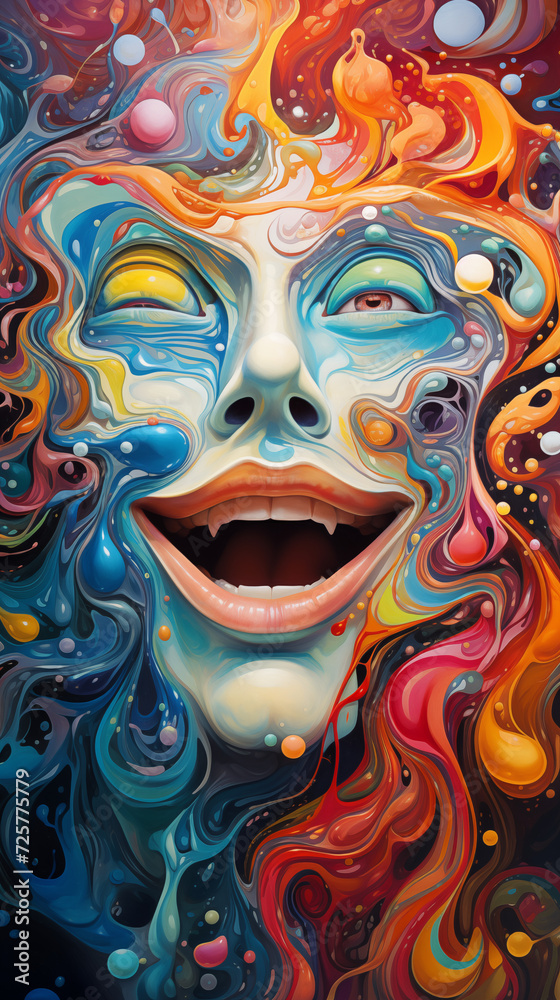 A kaleidoscopic swirling of colors and patterns with a Woman's Face
