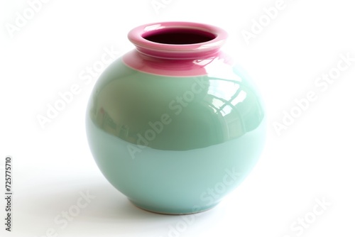 A colorful vase in shades of green and pink resting on a clean white surface. Perfect for adding a pop of color to any room decor