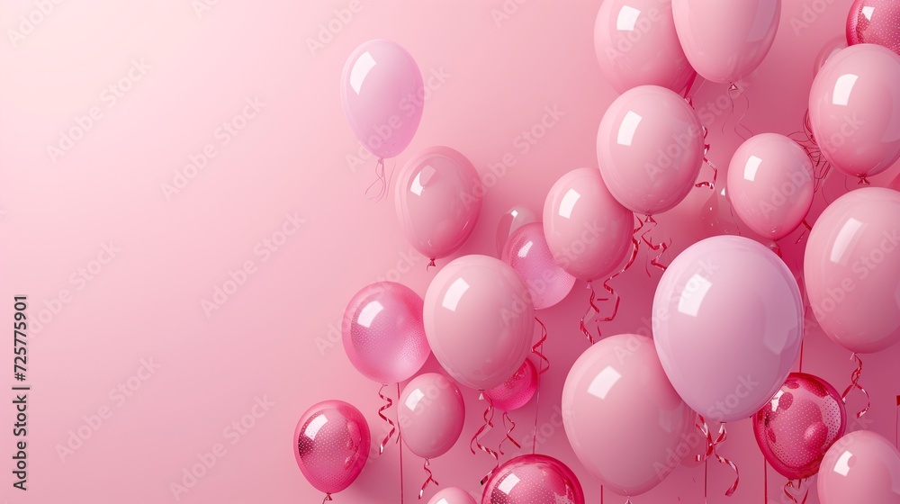 Pink festive banner with balloons. Template background with a place for text.