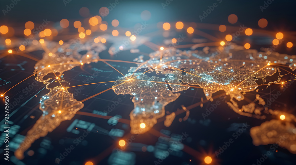 Fototapeta premium Lines of light crisscross a stylized world map, illustrating the interconnectedness of global business and international data transfer.