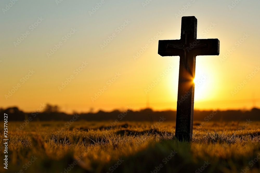 a cross in a field with the sun shining through