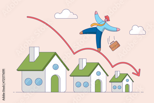 Real estate and property crash concept. Housing price falling down, value drop or decline, home loan or mortgage risk, businessman investor home owner falling on decline falling down housing graph.