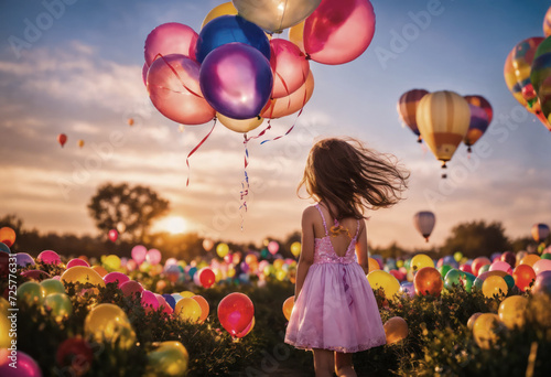 Une petite fille au milieu de ballons colorés à la campagne au soleil couchant - generative AI photo