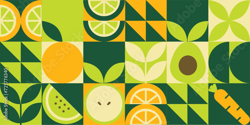 Green geometric mosaic seamless pattern illustration. Organic fruit vegetable geometric pattern. Natural food background creative simple bauhaus style, agriculture vector design. Healthy Food pattern