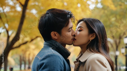 Embracing Couple Sharing a Tender Moment in a Sunlit Autumn Park © OlScher