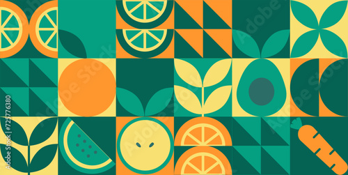 Green geometric mosaic seamless pattern illustration. Organic fruit vegetable geometric pattern. Natural food background creative simple bauhaus style, agriculture vector design. Healthy Food pattern
