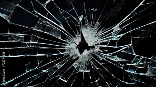 bullet hole in broken glass on black background photo