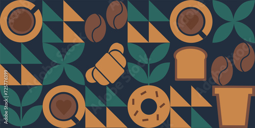 Geometric Coffee pattern. Vector sketch banner with coffee beans, cups and leaves on minimal background. Template design. Illustration for cafe menu, invitations, cards, banner, poster, cover. 