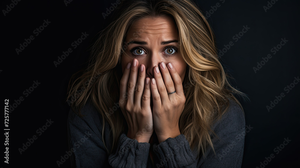 Afraid shocked scared woman covers her face with her hands