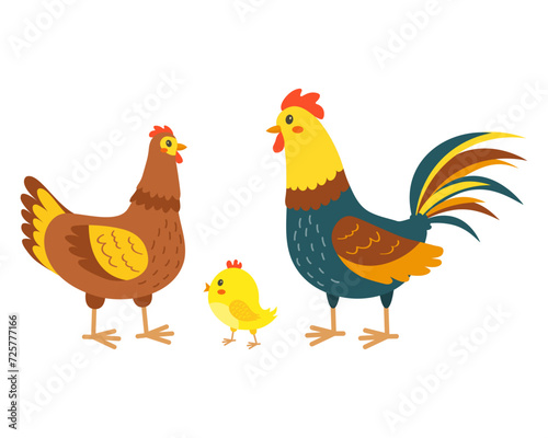 Rooster with hen and chick. Cute chicken family on the farm. Vector illustration.