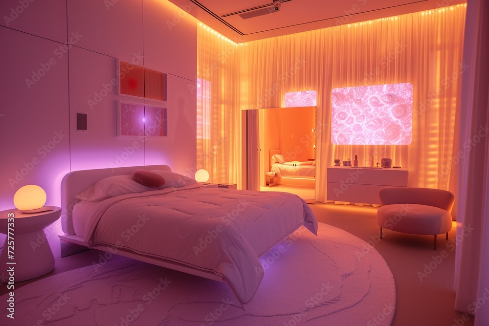 A futuristic smart home bedroom with interactive surfaces A futuristic smart home bedroom with interactive surfaces