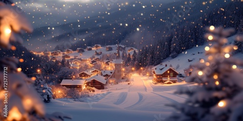 A serene and picturesque snowy night with a village in the background. Perfect for winter-themed projects or holiday designs