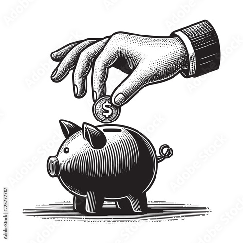 A hand puts a coin into a piggy bank. Vintage engraving vector illustration. Woodcut. Black and white. Logo, emblem, icon. Isolated object