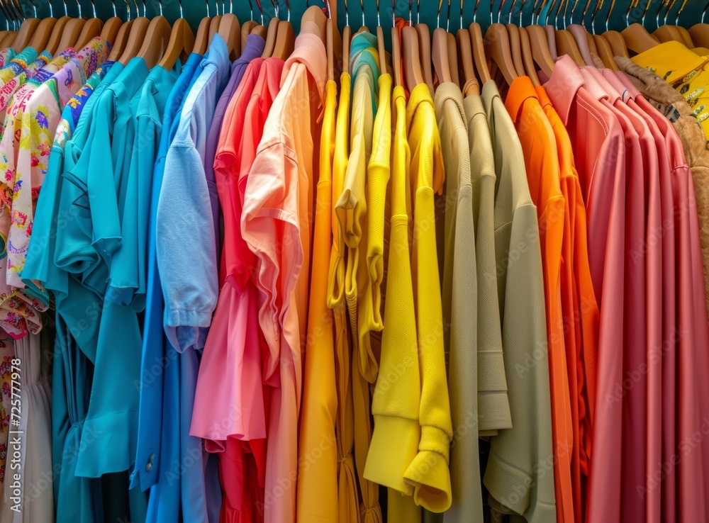 A colorful array of clothes hanging neatly, showcasing a variety of textures and shades.