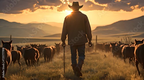 a man in a cowboy hat walking with a herd of cattle photo
