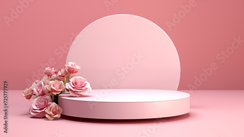 pink product display set with roses, product display background, podium © Nekii stock