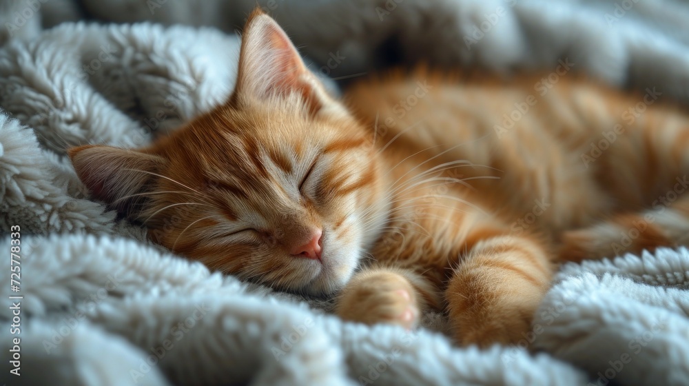  a close up of a cat sleeping on top of a blanket on top of a bed with it's head resting on the end of it's paw.