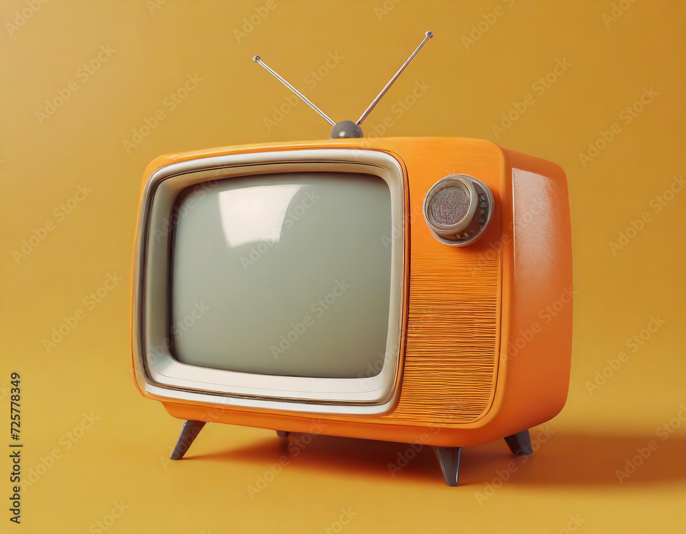 3d orange retro television on yellow background, vintage old tv receiver, social media filter photo. 3d render illustration