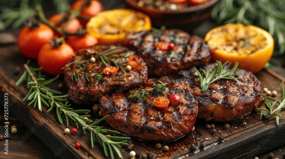 a wooden cutting board topped with meat covered in sauce and garnished with a sprig of rosemary next to tomatoes and orange slices of lemon and tomatoes. a wooden cutting board topped with meat covered in sauce and garnished with a sprig of rosemary next to tomatoes and orange slices of lemon and tomatoes.
