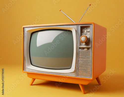 3d orange retro television on yellow background, vintage old tv receiver, social media filter photo. 3d render illustration