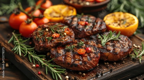  a wooden cutting board topped with meat covered in sauce and garnished with a sprig of rosemary next to tomatoes and orange slices of lemon and tomatoes.